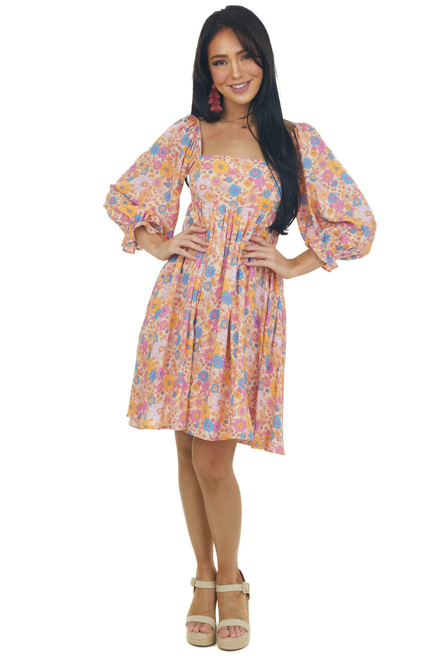 Peach Floral Babydoll 3/4 Sleeve Short Dress