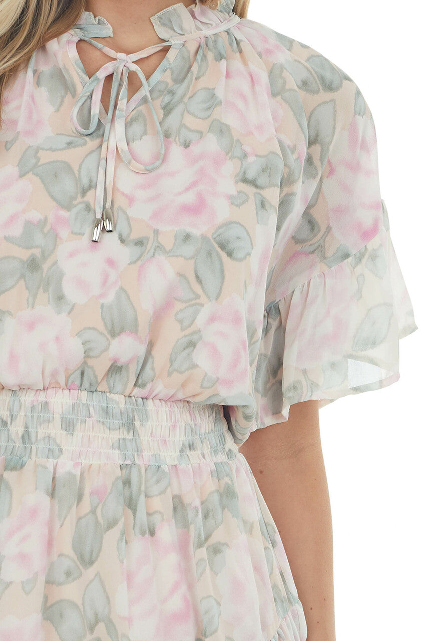 Peach Floral Print Ruffle Woven Mini Dress