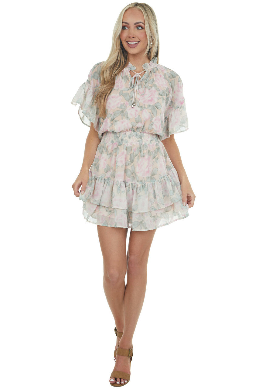 Peach Floral Print Ruffle Woven Mini Dress