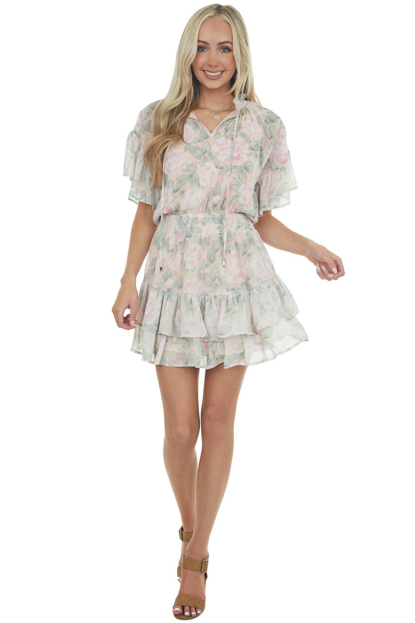 Peach Floral Print Ruffle Woven Mini Dress