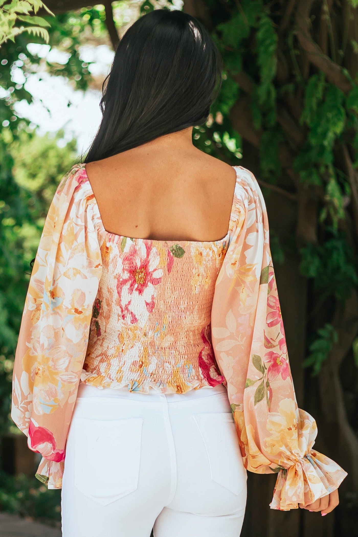 Peach Floral Smocked Long Poet Sleeve Blouse