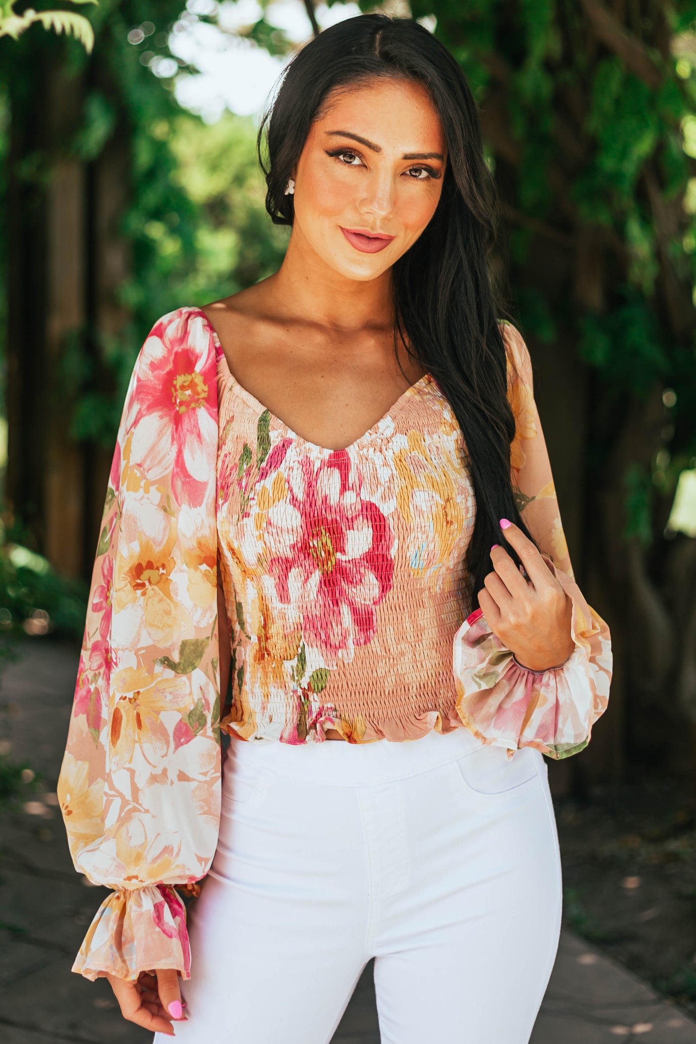 Peach Floral Smocked Long Poet Sleeve Blouse