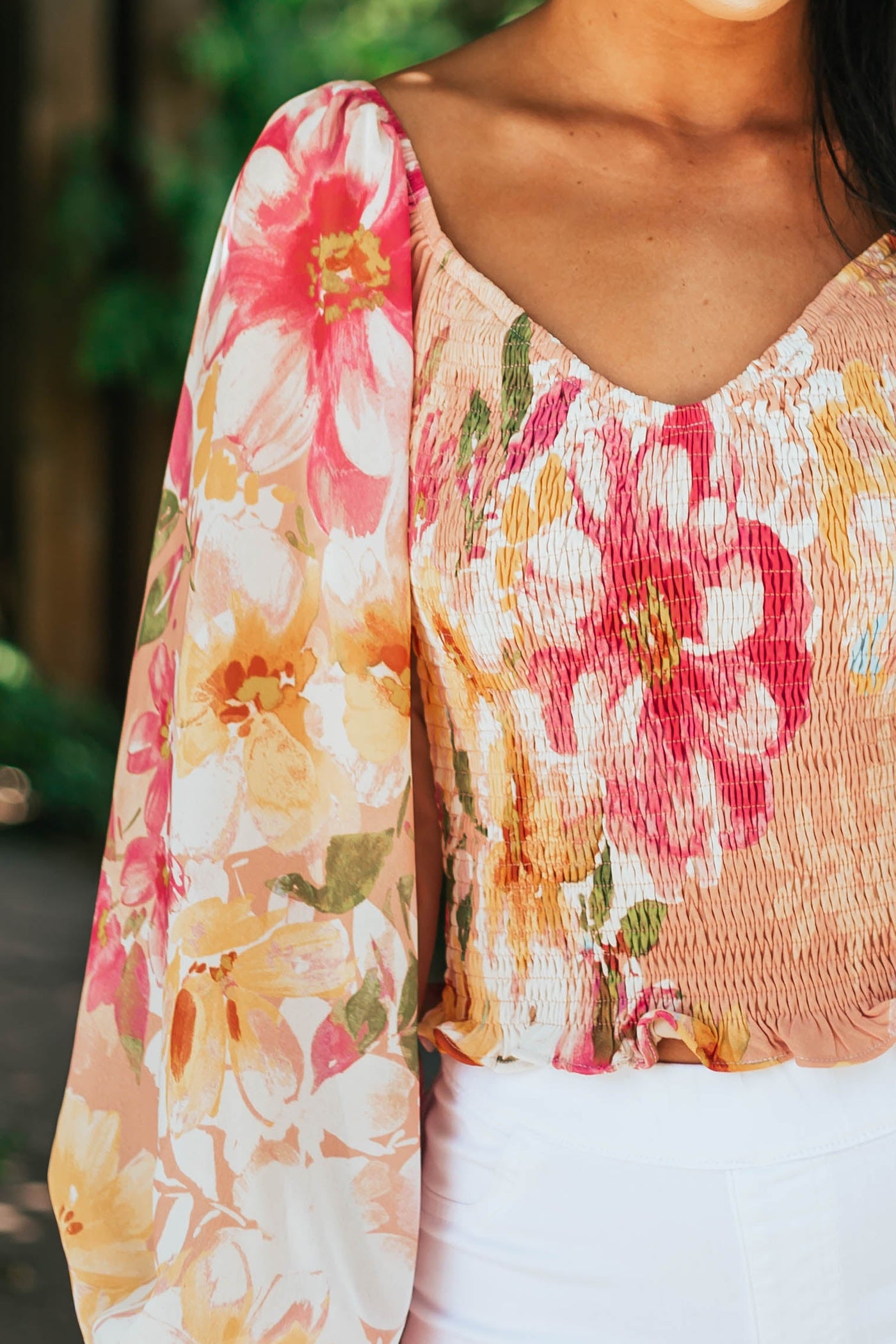 Peach Floral Smocked Long Poet Sleeve Blouse