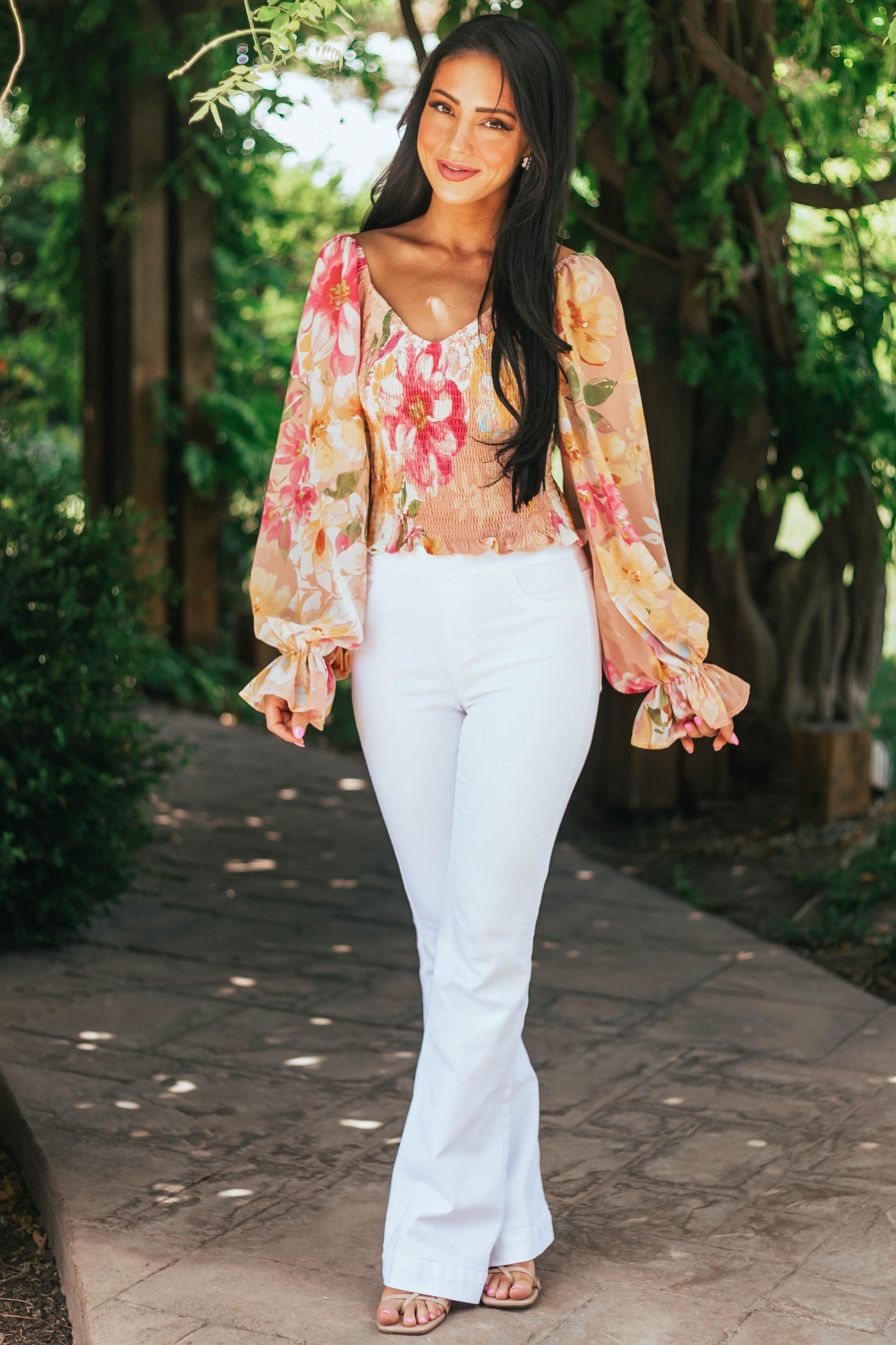 Peach Floral Smocked Long Poet Sleeve Blouse