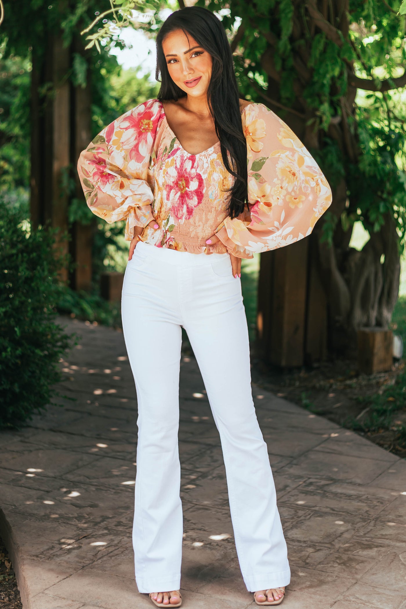 Peach Floral Smocked Long Poet Sleeve Blouse