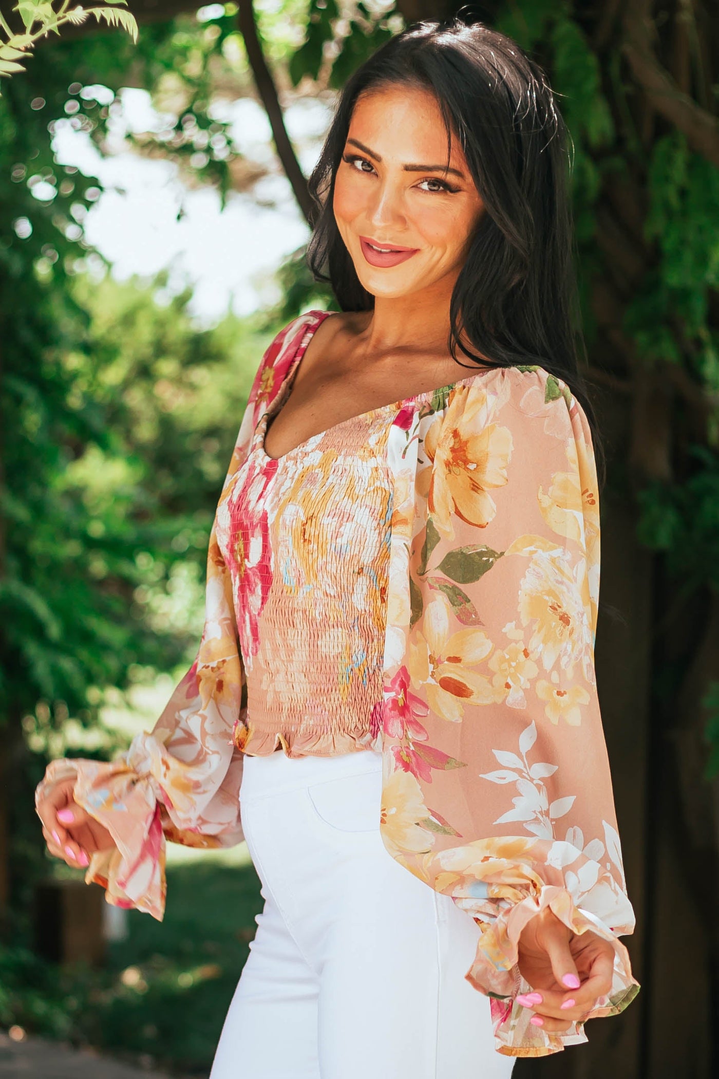 Peach Floral Smocked Long Poet Sleeve Blouse