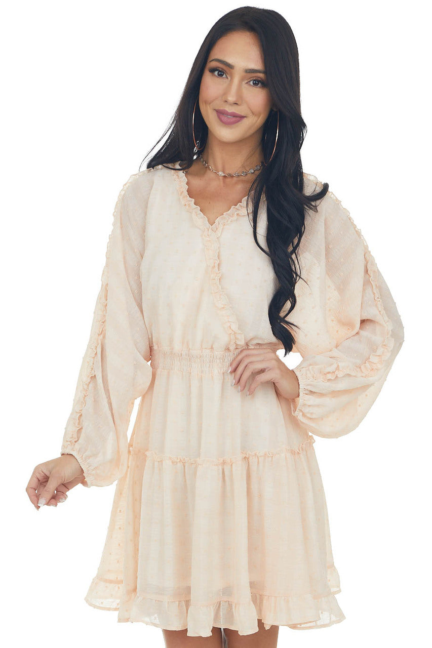 Peach Gingham Swiss Dot Ruffle Short Dress