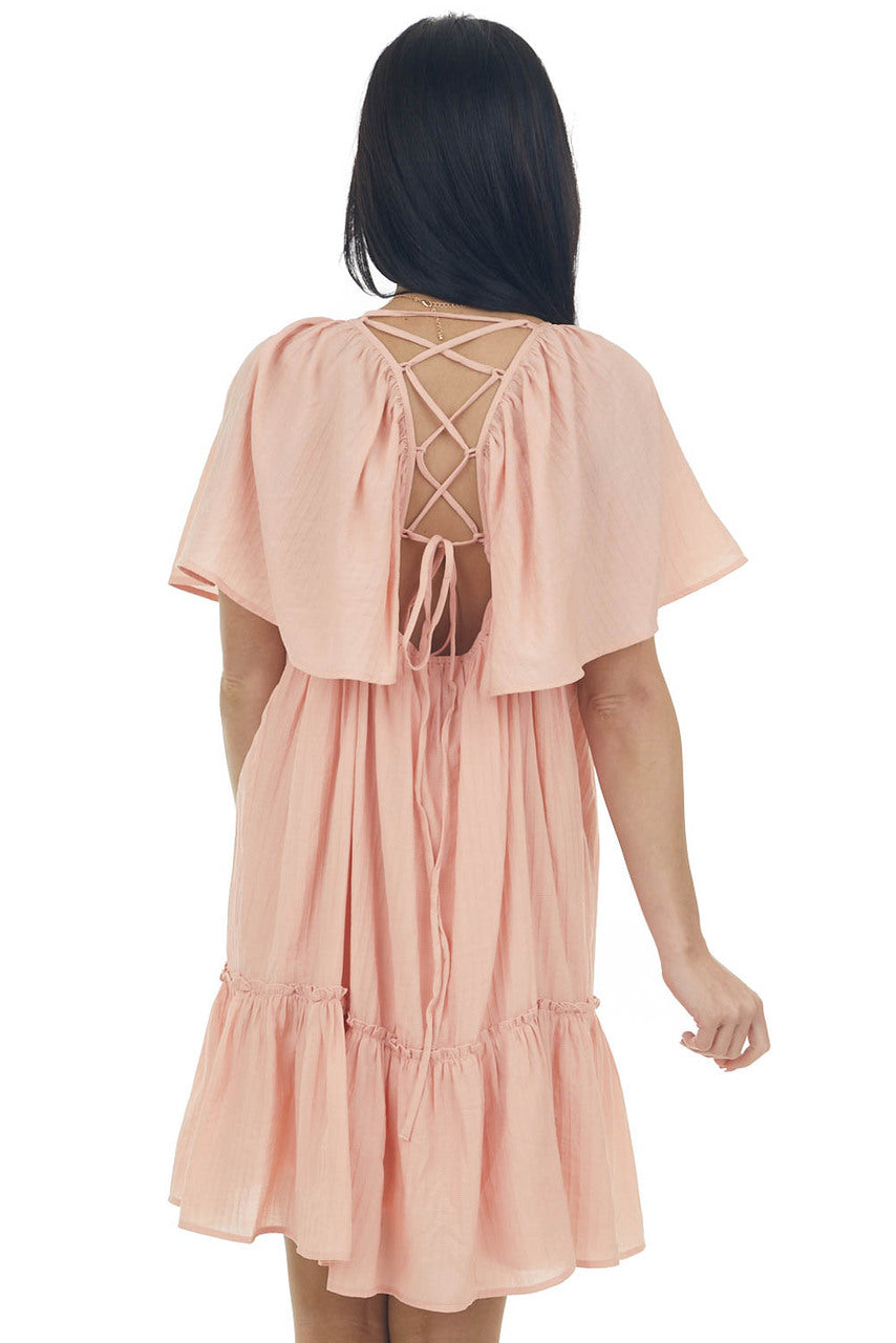 Peach Lace Up Back Flowy Sleeve Textured Dress