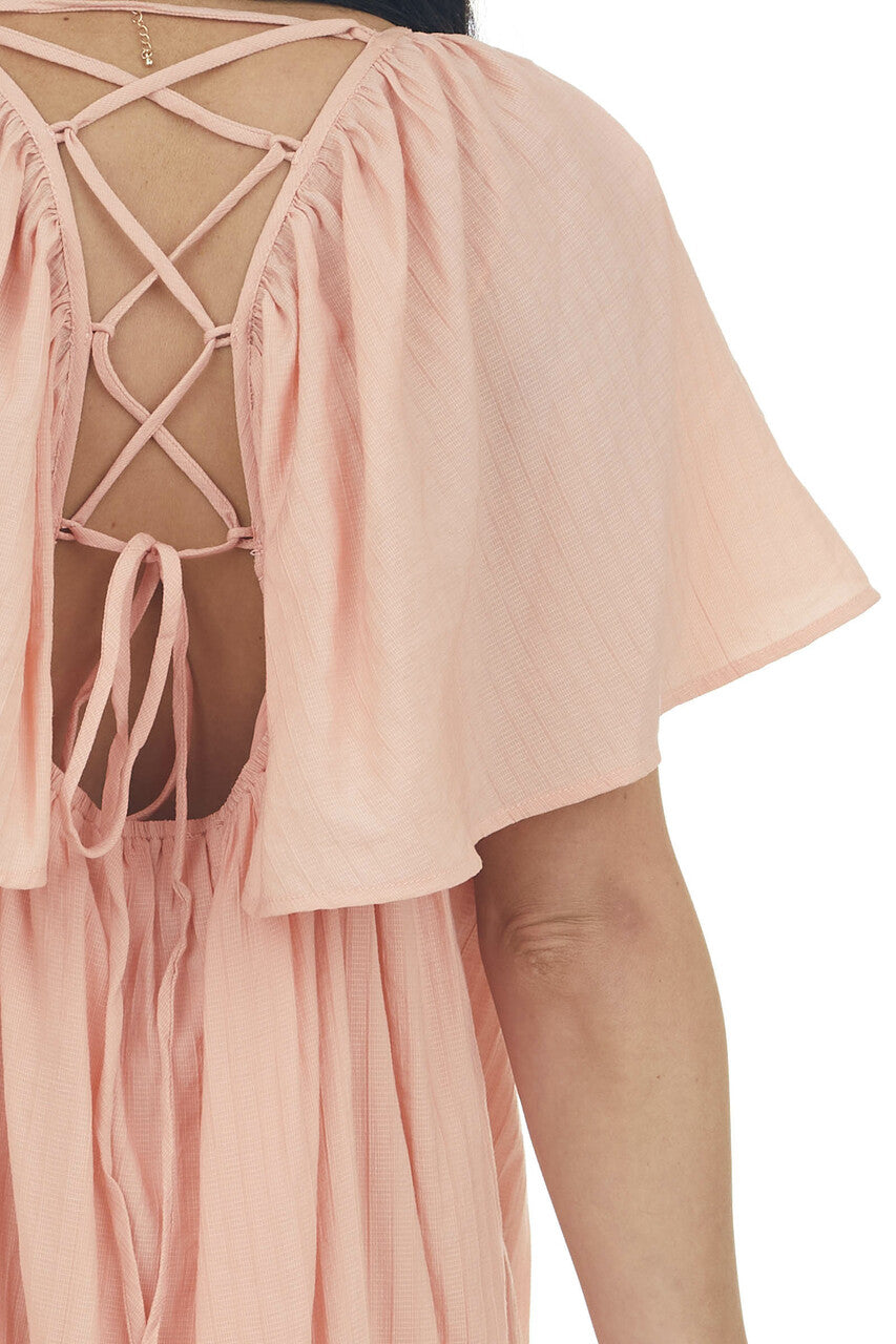 Peach Lace Up Back Flowy Sleeve Textured Dress
