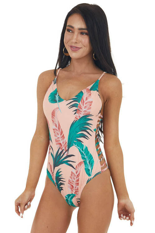 Peach Leaf Print One Piece Swimsuit with Cutout Details