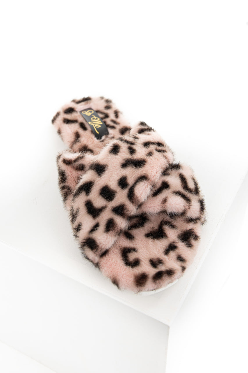 Peach Leopard Fuzzy Open Toed Slippers with Criss Cross Tops