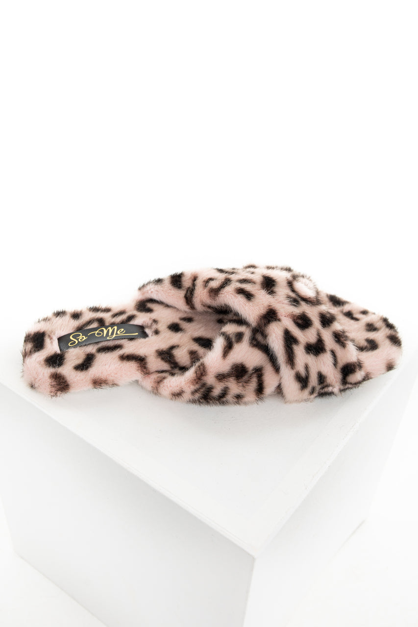 Peach Leopard Fuzzy Open Toed Slippers with Criss Cross Tops