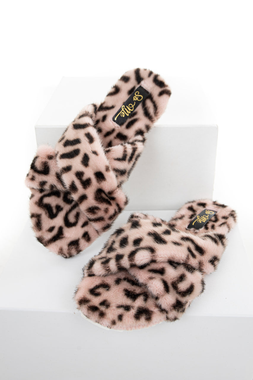 Peach Leopard Fuzzy Open Toed Slippers with Criss Cross Tops