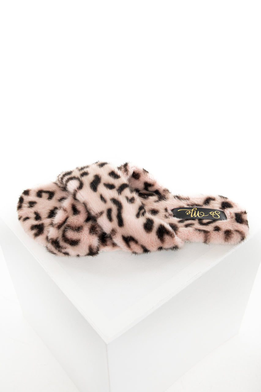 Peach Leopard Fuzzy Open Toed Slippers with Criss Cross Tops