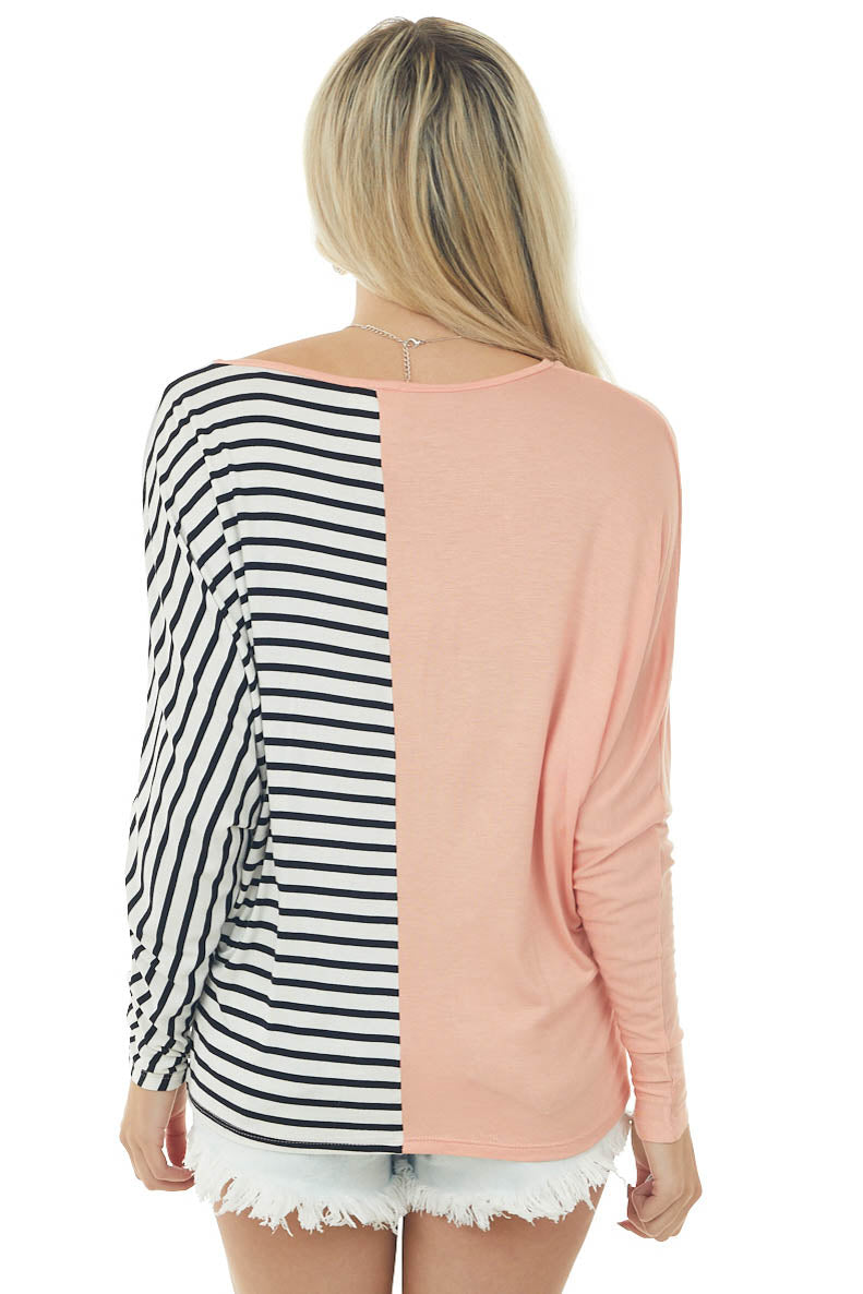 Peach Long Dolman Sleeve Top with Striped Contrast