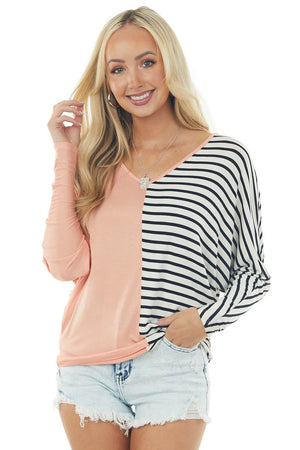 Peach Long Dolman Sleeve Top with Striped Contrast