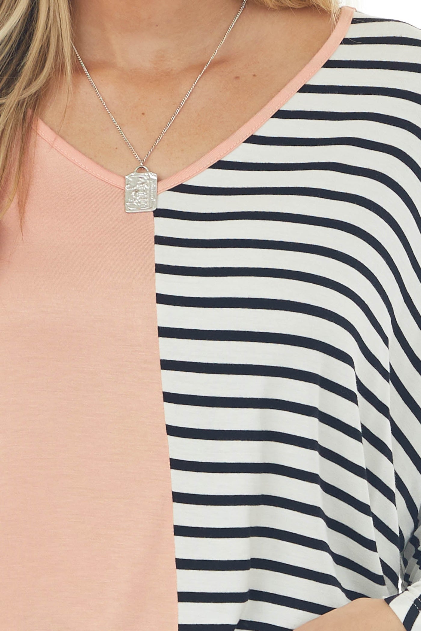 Peach Long Dolman Sleeve Top with Striped Contrast