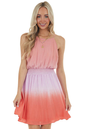 Peach Ombre Dye Sleeveless Haltar Neck Dress