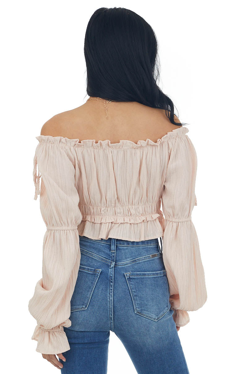Peach Peasant Sleeve Ruffle Crop Top 
