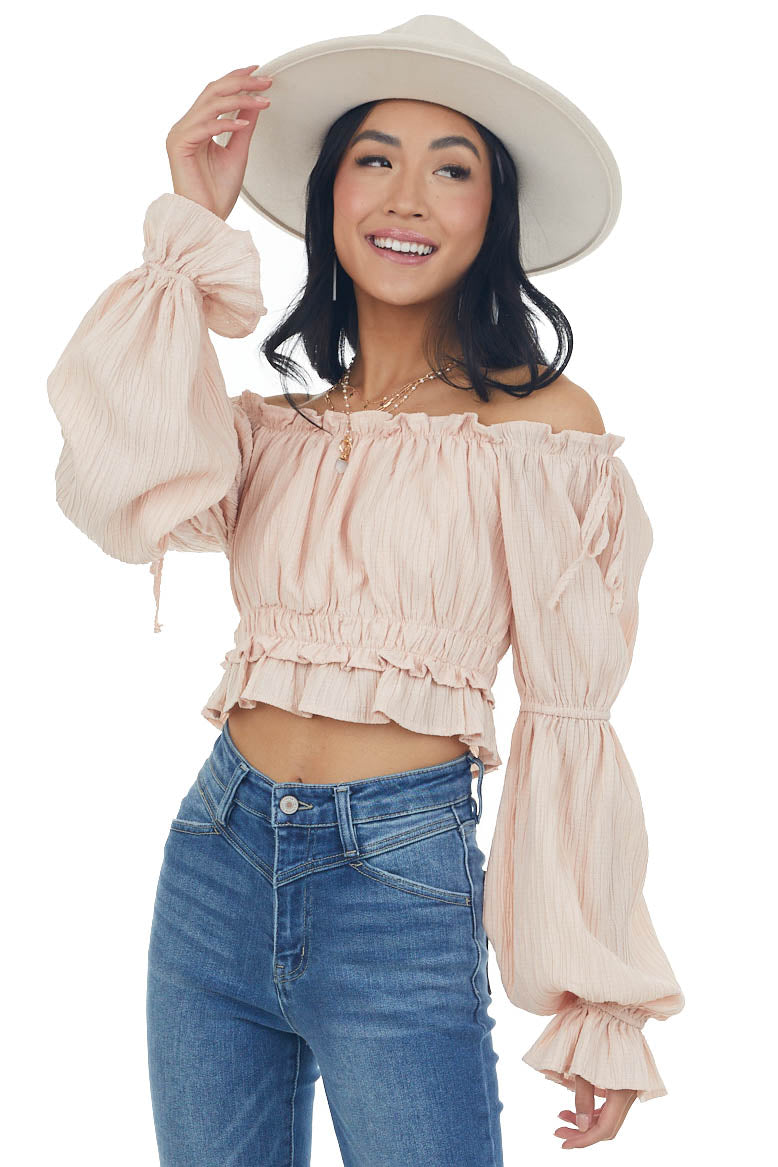 Peach Peasant Sleeve Ruffle Crop Top 