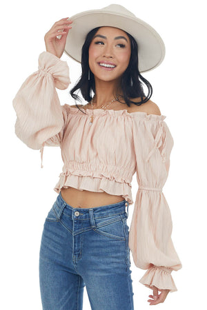 Peach Peasant Sleeve Ruffle Crop Top 