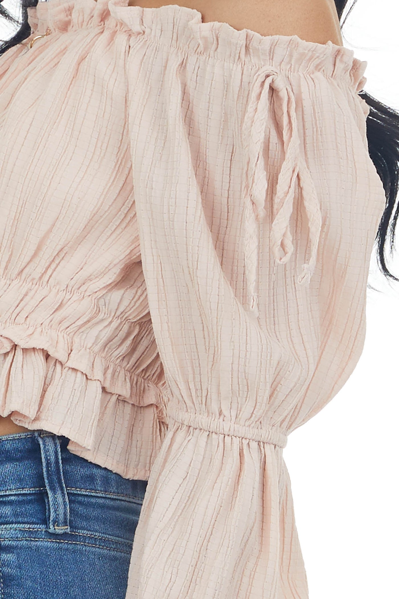Peach Peasant Sleeve Ruffle Crop Top 