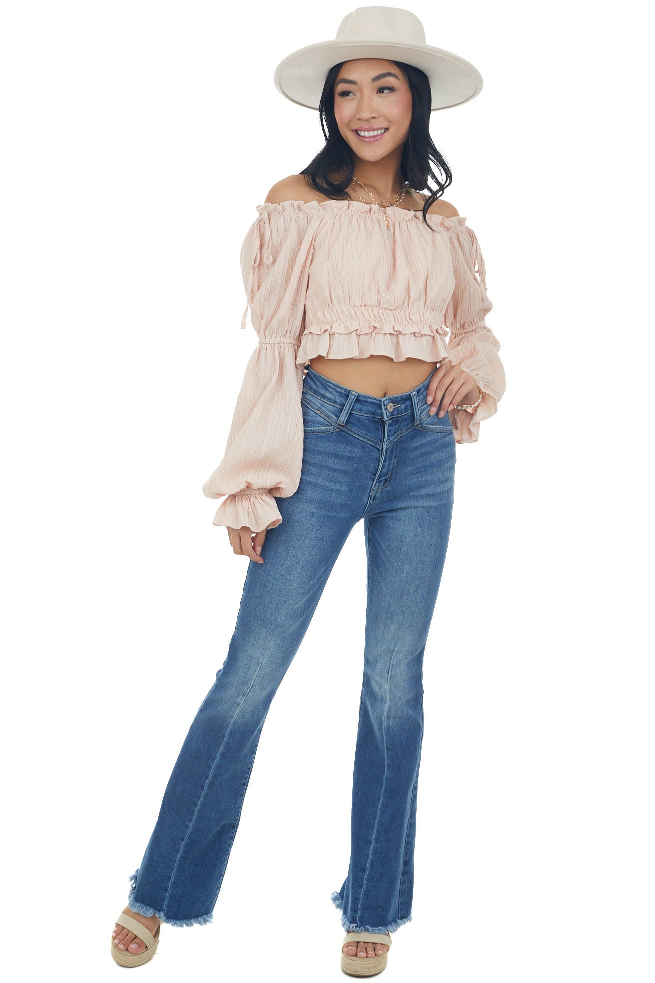 Peach Peasant Sleeve Ruffle Crop Top 