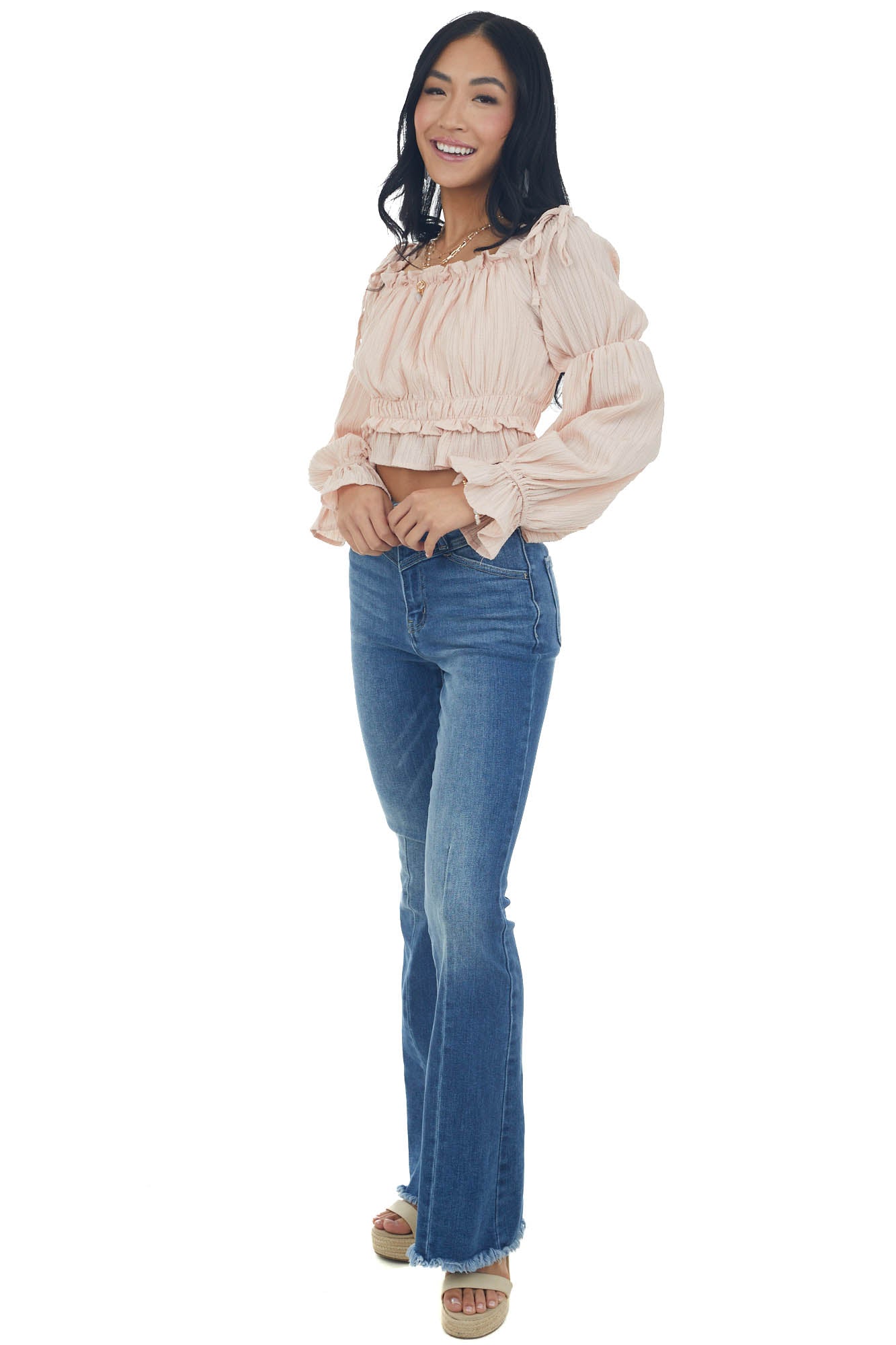 Peach Peasant Sleeve Ruffle Crop Top 