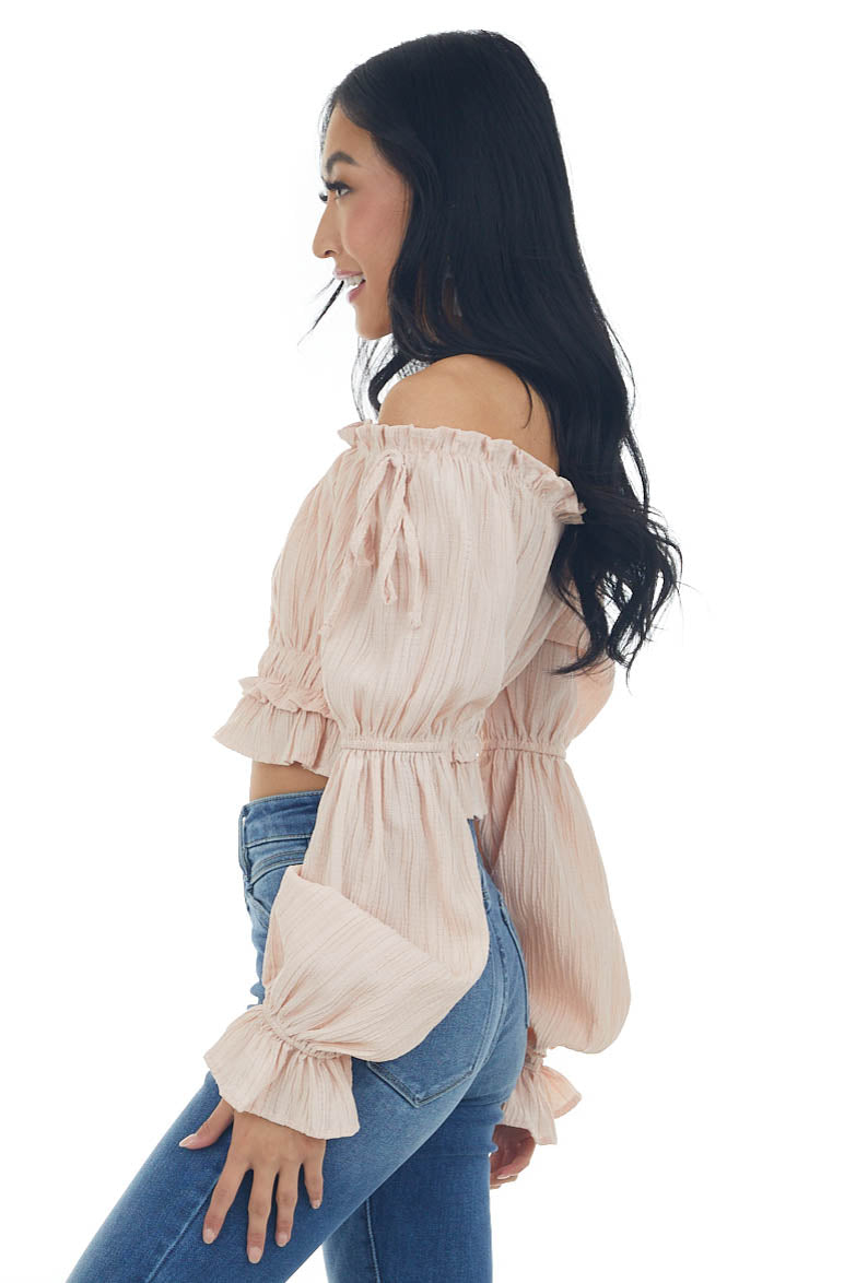 Peach Peasant Sleeve Ruffle Crop Top 