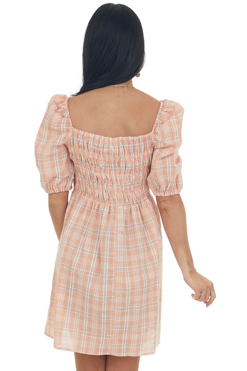 Peach Plaid Smocked 3-4 Puff Sleeve Mini Dress