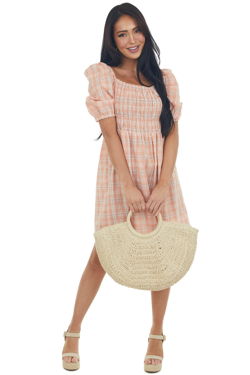 Peach Plaid Smocked 3-4 Puff Sleeve Mini Dress