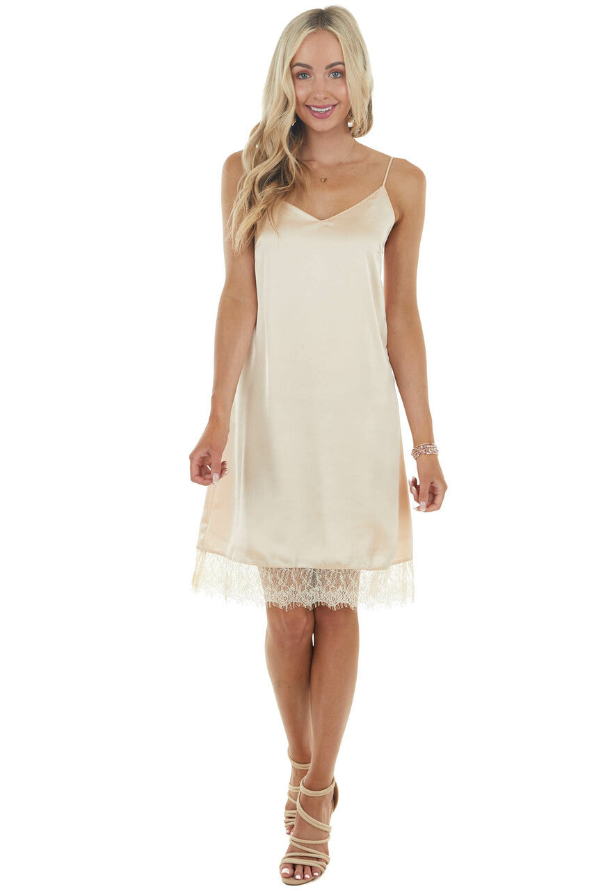 Peach Spaghetti Strap V Neck Slip Dress with Lace Detail