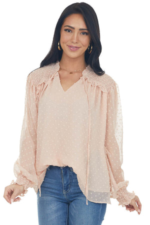 Peach Swiss Dot Smocked Peasant Style Blouse