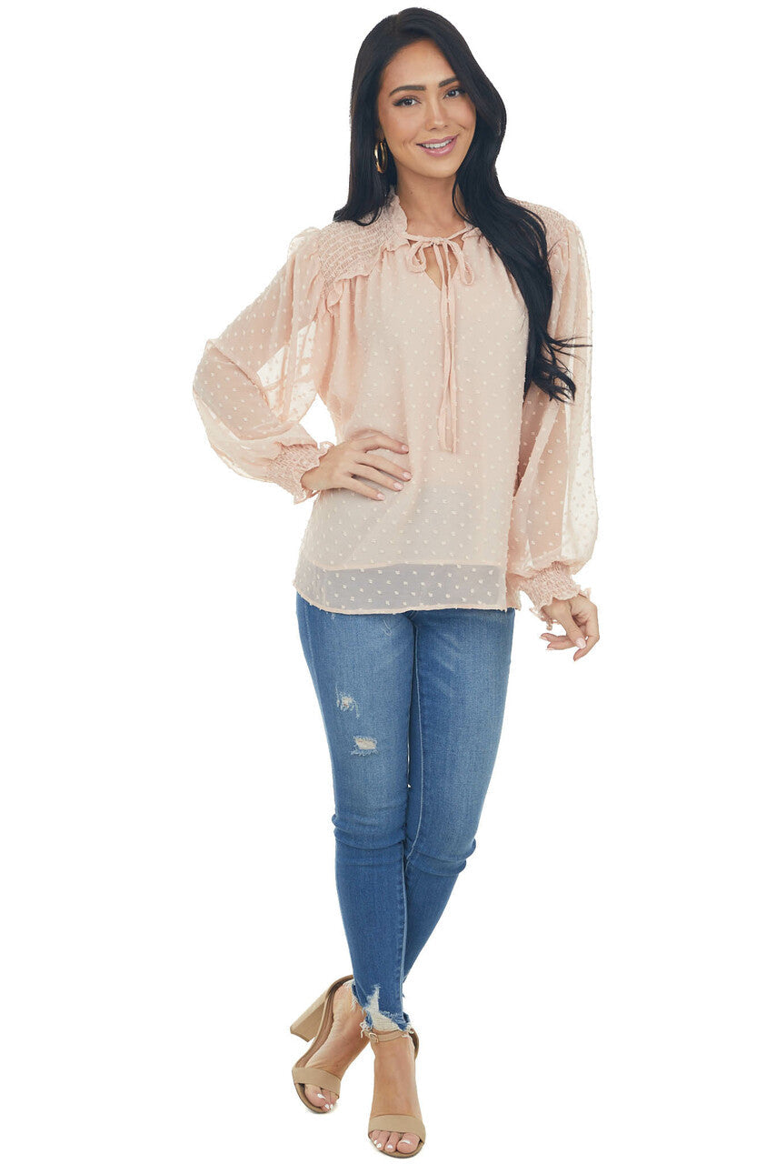 Peach Swiss Dot Smocked Peasant Style Blouse