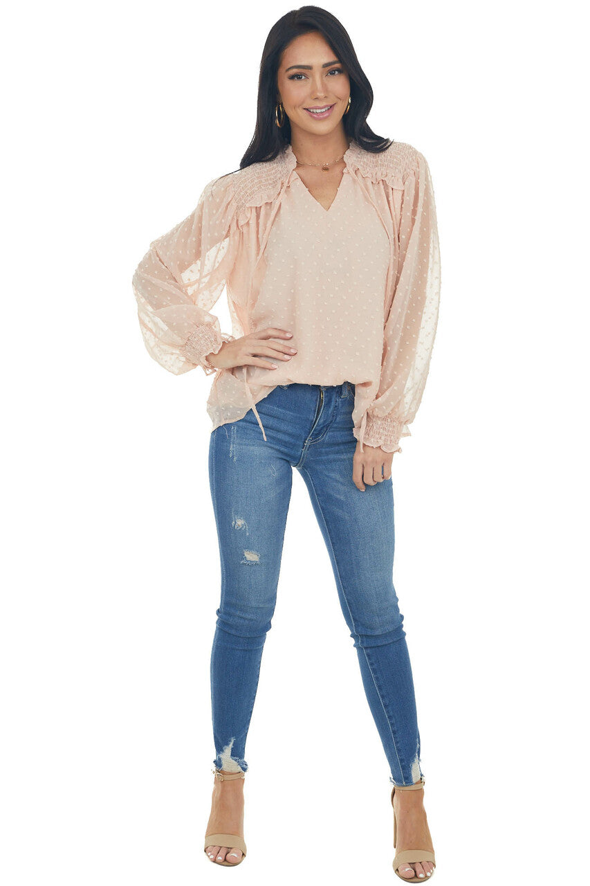 Peach Swiss Dot Smocked Peasant Style Blouse