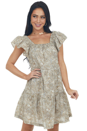 Peanut Floral Square Neck Tiered A Line Dress