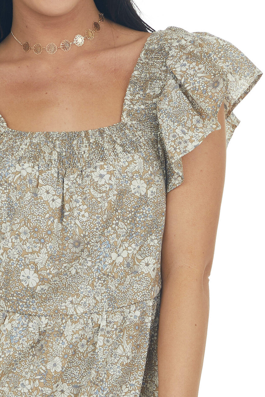 Peanut Floral Square Neck Tiered A Line Dress