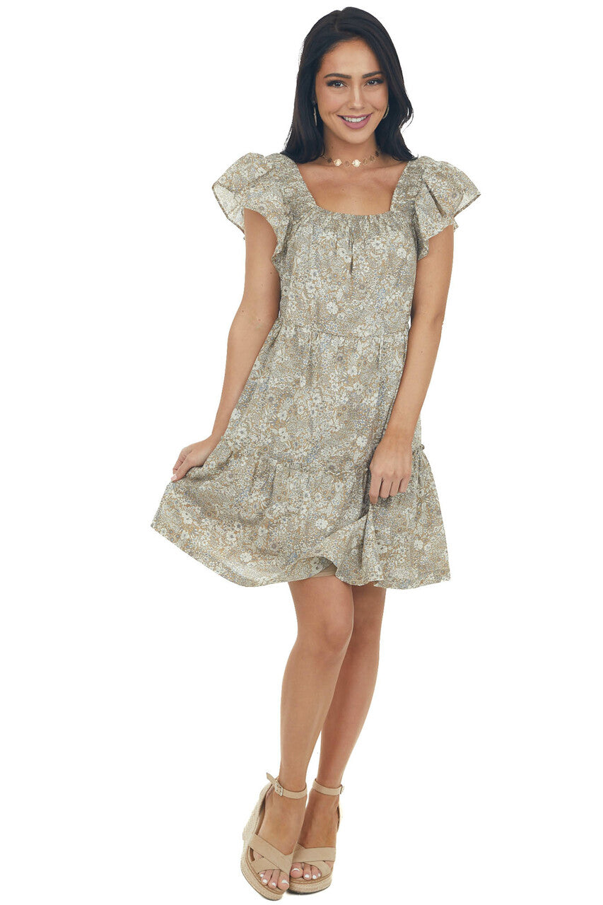 Peanut Floral Square Neck Tiered A Line Dress
