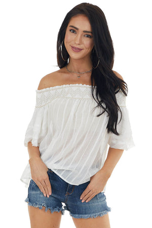 Pearl and Beige Smocked Neckline Off the Shoulder Blouse