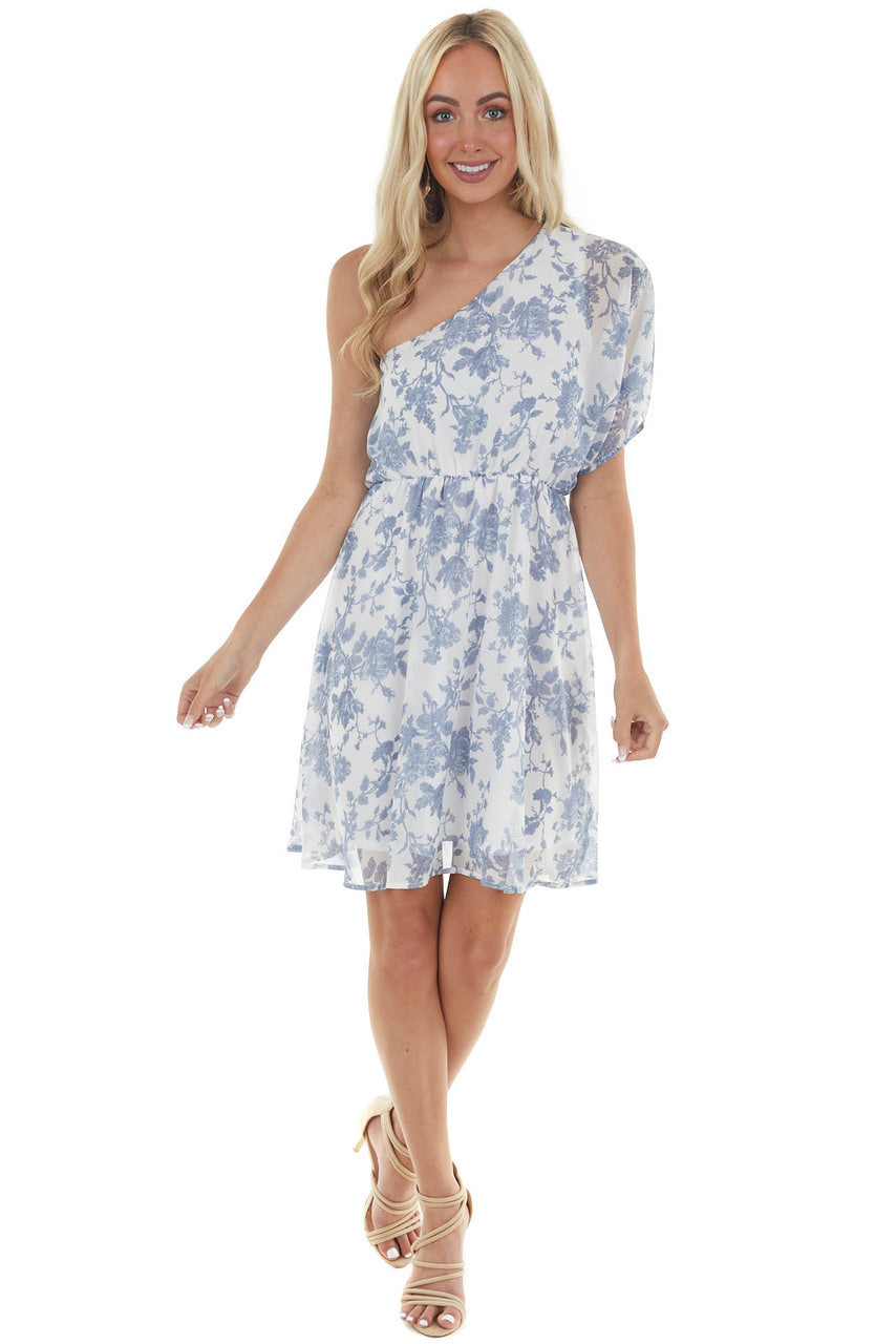 Pearl Floral Print One Shoulder Short Dress