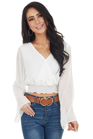 Pearl Swiss Dot Long Kimono Sleeve Crop Top with Tie Detail