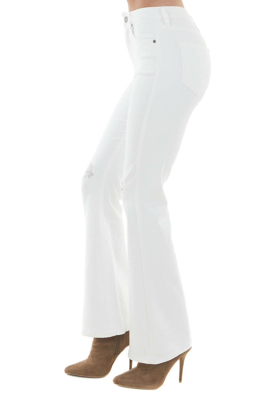 Pearl White High Rise Bootcut Distressed Jeans 