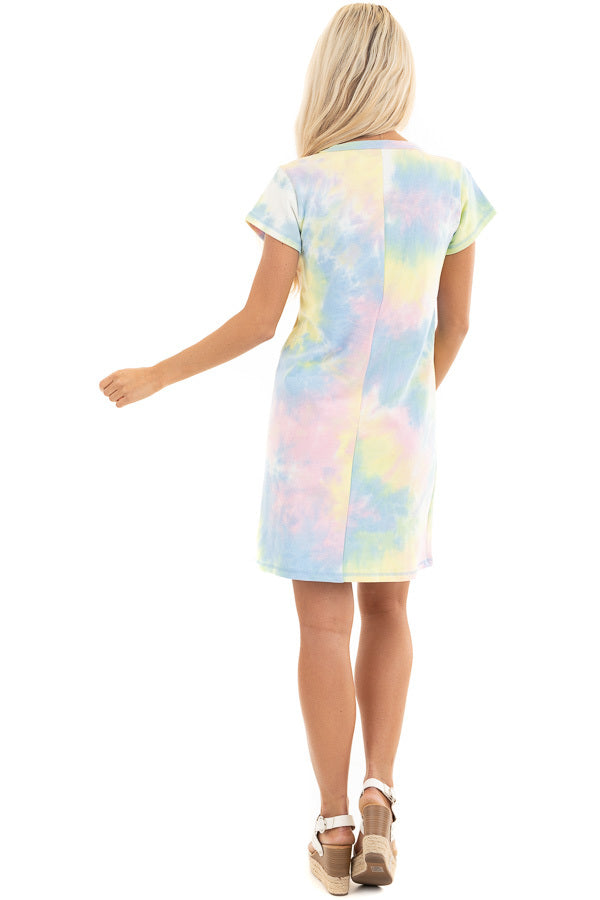 Periwinkle and Banana Tie Dye Dress with Short Sleeves back full body