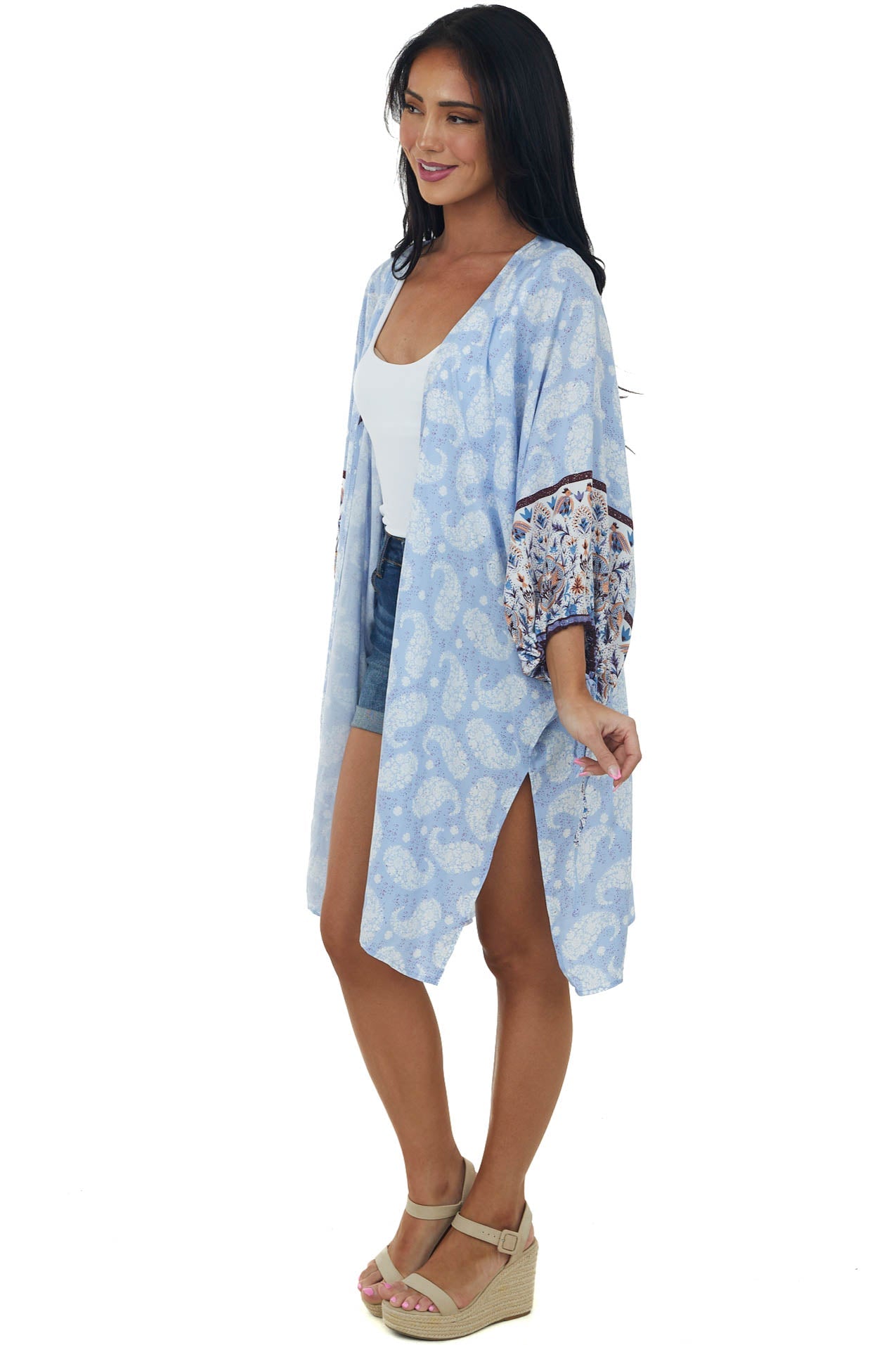 Periwinkle Floral Paisley 1/2 Sleeve Kimono