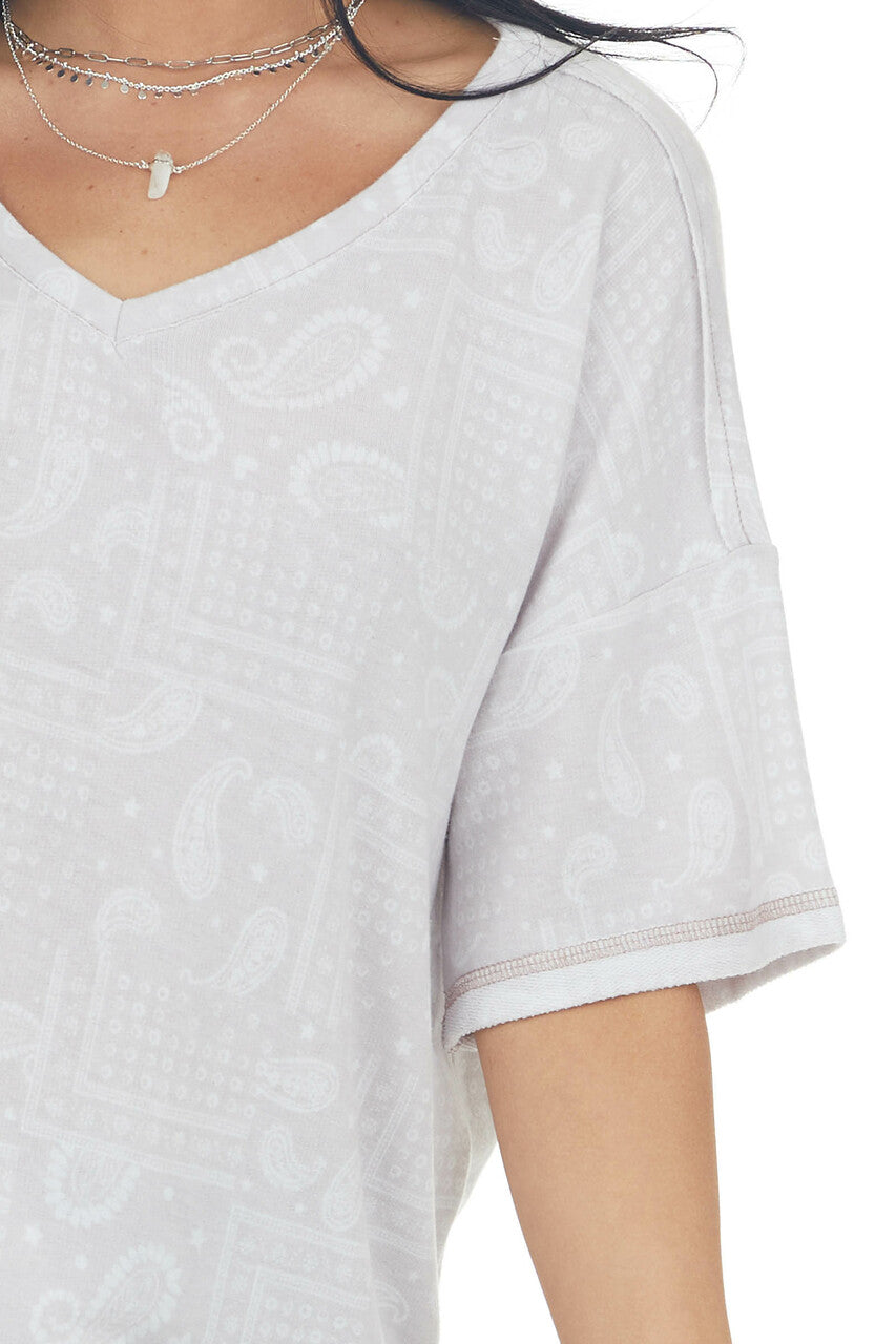 Cloud Grey Paisley Print Stretchy Knit Top