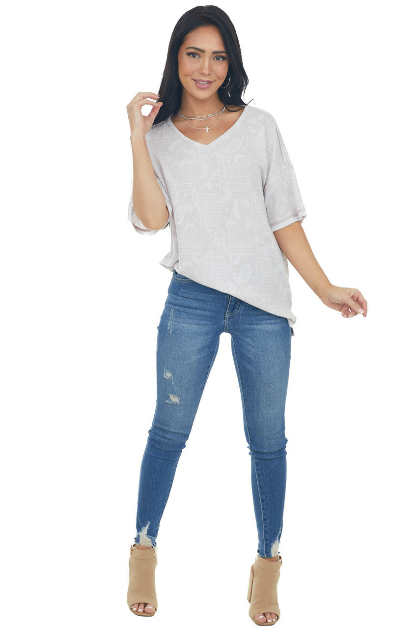 Cloud Grey Paisley Print Stretchy Knit Top