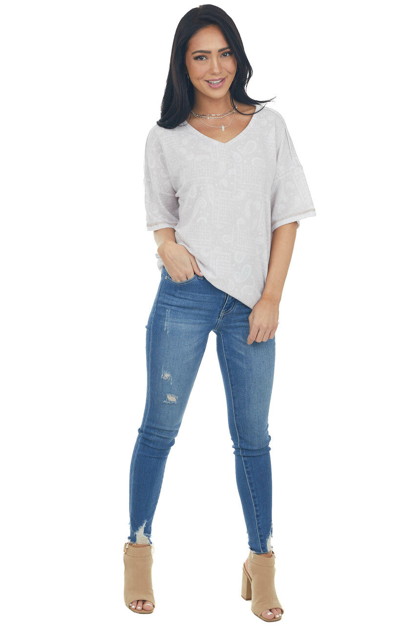 Cloud Grey Paisley Print Stretchy Knit Top