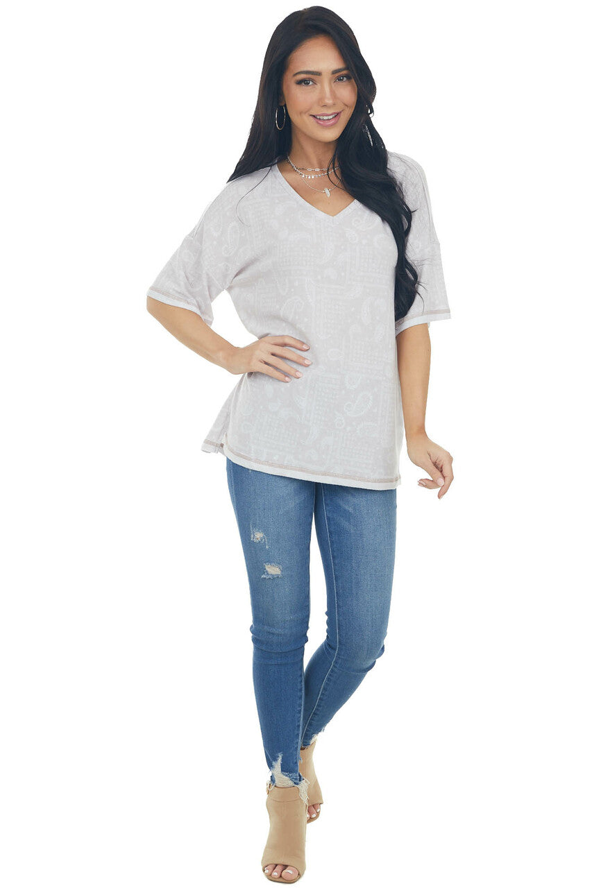 Cloud Grey Paisley Print Stretchy Knit Top