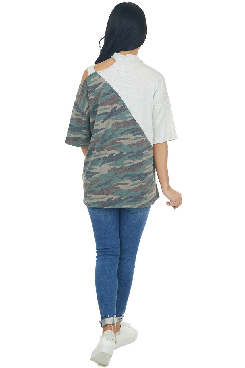 Pewter Grey Cold Shoulder Top with Asymmetrical Camo Print