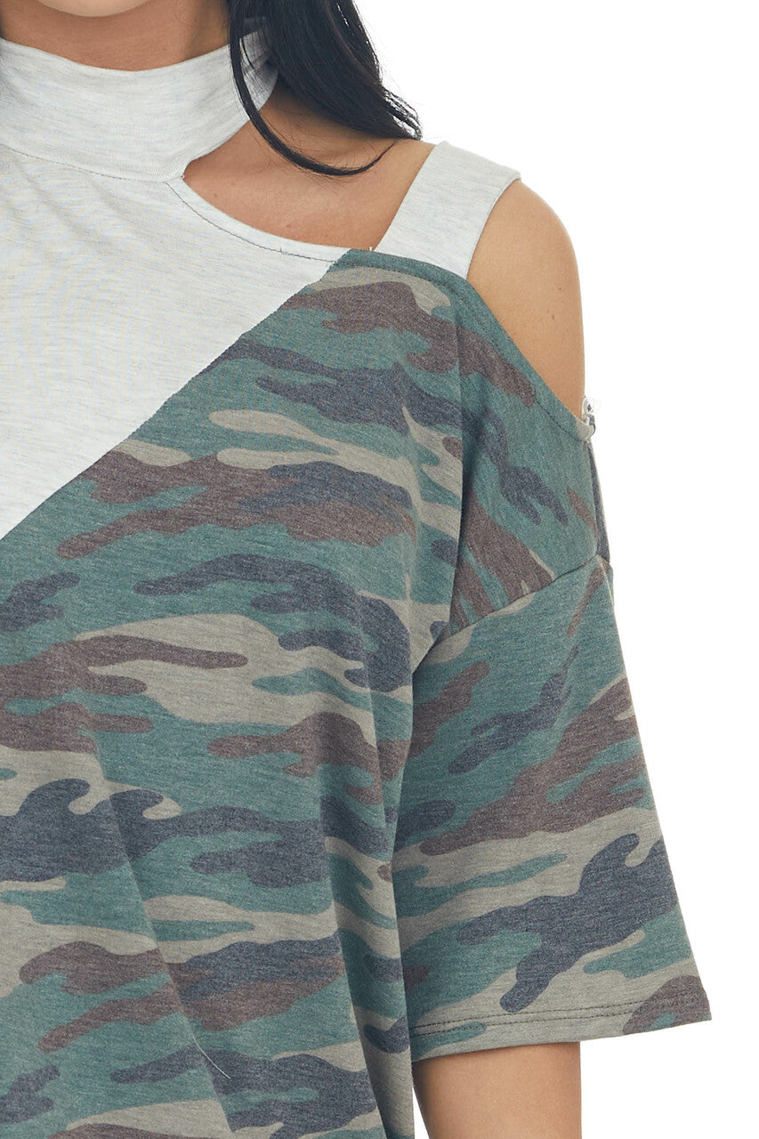 Pewter Grey Cold Shoulder Top with Asymmetrical Camo Print